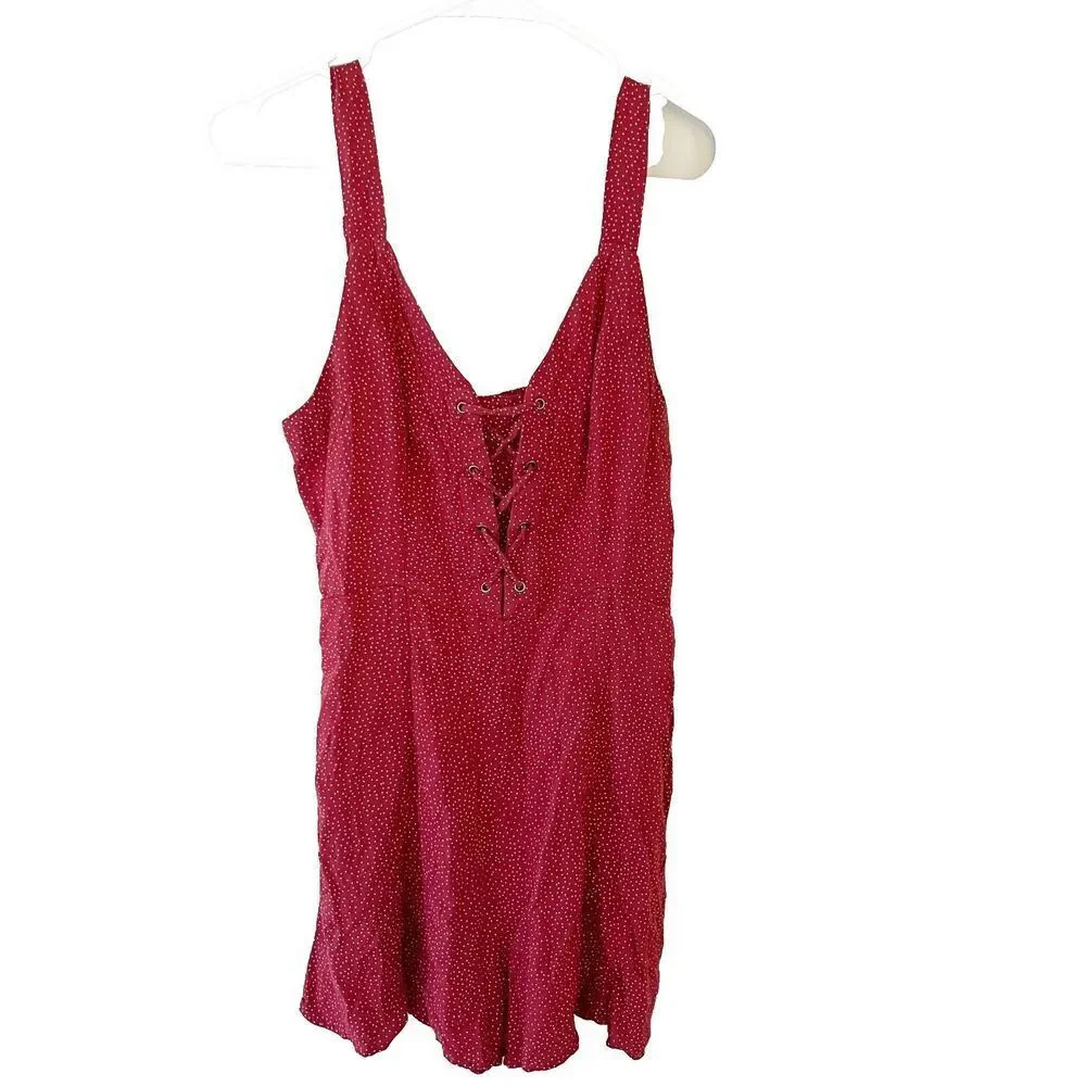 American Eagle Women Red White Romper Small Polka Dot Criss Cross Back Summer